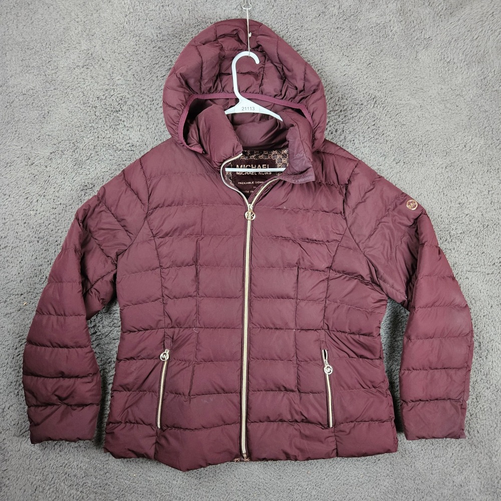 Michael Kors Womens XL Burgundy Packable Down Puffer Jacket Hooded Quilted Coat
